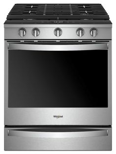 a stainless steel stove with four burners and an oven door on the front side