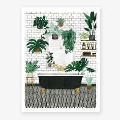 a card with plants on the wall and a bathtub in the middle, surrounded by potted plants