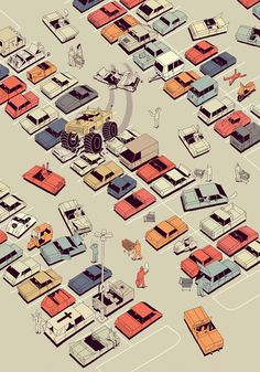 an illustrated image of cars and trucks in a parking lot