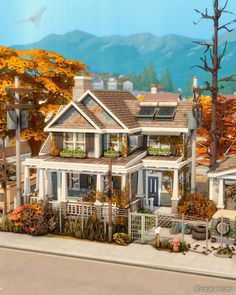 an artist's rendering of a house in the fall with trees and bushes around it