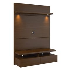 a brown shelf with two drawers and lights on it