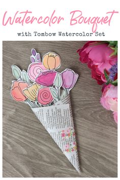 Image contains a watercolor flower bouquet on a wooden table with silk flowers off to the side. Diy Craft Bouquet, Flower Arts And Crafts For Kids, Watercolor Crafts To Sell, Diy Flower Card, Flower Bouquet With Paper, Watercolor Projects For Kids, Watercolor Activities, Flower Art Projects, Nature Art For Kids