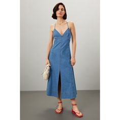 Blue denim (Self: 100% Cotton; Bodice Lining: 65% Polyester, 35% Cotton). Casual dress. Sleeveless. V-neck. Bodice lined. Back zipper closure. 50" from shoulder to hemline. Imported. Cotton Casual Dress, Denim Midi Dress, Tanya Taylor, Rent The Runway, Closet Designs, Hendrix, Dress Sleeveless, Blue Denim, Bodice