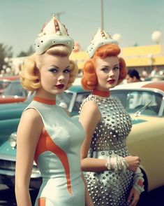 two dolls are standing next to each other in front of some classic cars and people