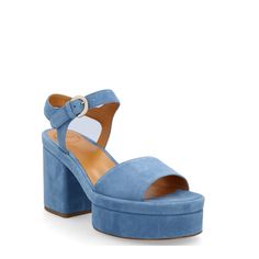 100% calf leather - Inner: Leather - Insole: Leather - Sole: Leather - Open toe - suede effect - Adjustable ankle buckle closure - Heel 10,5 cm Blue Platform Heels, Valentino Garavani Bag, Latest Sandal, Versace Shop, Ankle Strap Wedges, Leather Platform Sandals, Saint Laurent Shoes, French Chic, Blue Sandals