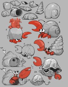 some crabs and other sea creatures are depicted in this cartoon character drawing style, which includes different