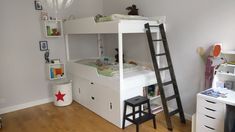 there is a bunk bed with a ladder in the corner and shelves on the wall