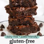 three chocolate brownies stacked on top of each other with the text gluten - free