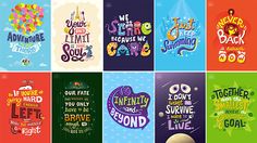 a series of colorful posters with different sayings on the front and back covers, all in bright colors