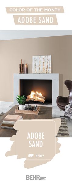 the color of the month adobe sand is shown in this living room with an open fireplace