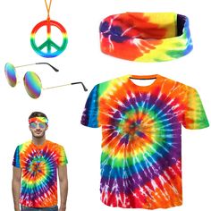 tie - dye clothing and accessories are displayed on a white background, including sunglasses, t - shirt with peace sign in the middle