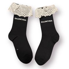 Pair your sneakers or heels with these cute socks! Black, with white logo print, white lace ruffle on top. Machine wash Best when air dry Spandex Unisex Size: Women 5-11 USA Men 4-9 USA sock stretch up leg from base of foot approximately 9 inches Ruffle Socks, Ruffled Socks, High Knees, Cute Socks, Athletic Socks, Womens Tights, Lace Ruffle, Shoe Charms, Casual Socks