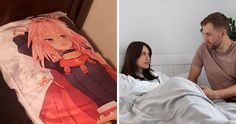 a man and woman sitting in bed next to an anime themed blanket on the wall