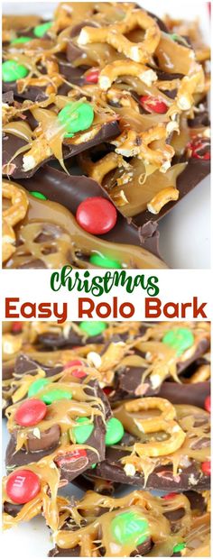 an easy christmas candy roll bark recipe with chocolate and pretzels