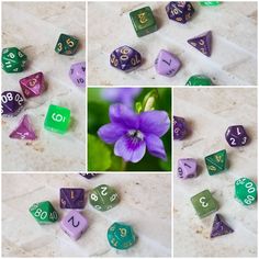 several pictures of different colored dices and a purple flower with numbers on them, including one in the middle