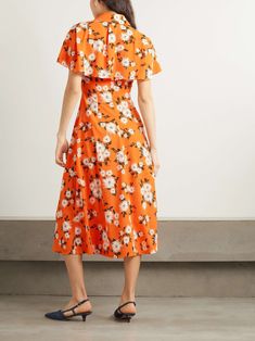 Orange A-line Midi Dress With Floral Print, Printed Midi Dresses For Daywear, Printed Viscose Midi Dress, Printed Viscose Midi Dress For Daywear, Orange Midi Dress For Daywear, Orange Knee-length Midi Dress For Daywear, Printed Viscose Midi-length Dress, Chic Orange Printed Midi Dress, Beautiful Summer Dresses