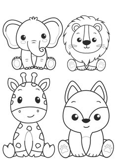 Animals Coloring Pages Kawaii Animal Coloring Pages, Jungle Animals Coloring Pages, Cute Baby Animal Coloring Pages, Wild Animals Colouring Pages, Wild Animals Colouring Worksheet, Preschool Activities Printable, Animal Doodles, Kawaii Doodles, Cute Easy Drawings