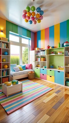 a brightly colored room with lots of bookshelves