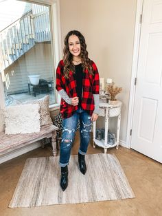 Everyone is starting to line up for this adorable cardigan! It includes an ivory and black striped sleeve, a buffalo plaid body, a dolman fit, and so much style! This is the perfect piece for the upcoming seasons. Throw this on over a graphic tee and add booties and you'll be set. Abby is wearing a size large. Size Suggestions: Small: 2-6 Medium: 6-8 Large: 10-12 XL: 14-16 2XL: 18-20 3XL: 22-24 Fabric Content: 95% Polyester 5% Spandex Care Instructions: Hand wash, cold. Do not bleach. Hang to dr Lining Up, Striped Sleeve, Buffalo Plaid, Black Stripes, Cardigan Sweater, Front Open, Large Size, Sweater Cardigan, Christmas Sweaters