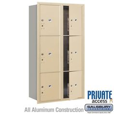 a tan metal locker with the words private access on it's front and side doors open