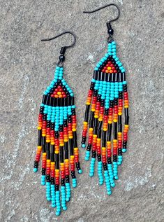 Southwestern Beaded Earrings  + A little over 3" long  + Glass seed beads  + Multicolor Multicolor Hand-strung Dangle Earrings, Southwestern Colorful Beaded Dangle Earrings, Southwestern Style Colorful Beaded Dangle Earrings, Southwestern Multicolor Teardrop Beaded Earrings, Southwestern Multicolor Beaded Earrings, Fringe Earring, Earring Designs, Native American Beading, Ear Rings