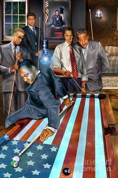 a group of men playing pool in front of an american flag painted on the table