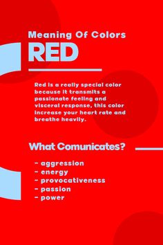 a red background with the words meaning of colors and what communicates it in this graphic