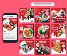 the christmas dinner flyer is displayed on a phone and in front of an image of food