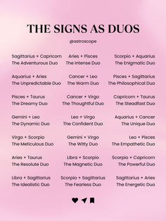 the signs as duos are displayed on a pink background