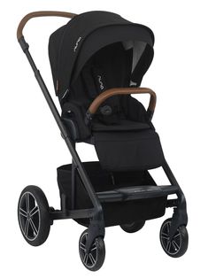 the stroller is black and has a wooden handle