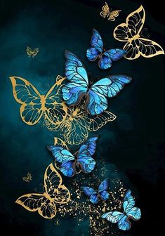 blue and gold butterflies flying in the sky with stars on it's back ground