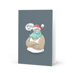 a christmas card with an image of a man wearing a santa hat and holding his arms crossed