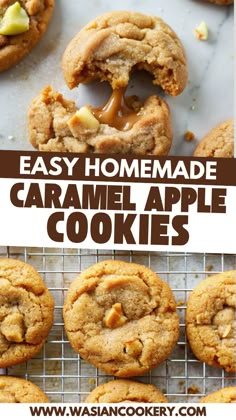 homemade caramel apple cookies on a cooling rack with the words easy homemade caramel apple cookies