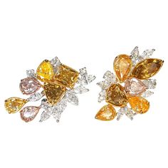 From the Novel Collection. A magnificent 8.20 carat multicolor, Cluster studs Diamonds earrings with colorful accents, these Yellow, Pink, Brown and White Diamond earrings offer a vibrant take on a classic jewel. 8 mixed color pear-shaped diamonds of Pink, Yellow and Brown diamonds weighing a total of approximately 3.15 carats. with a Heart-shaped Fancy Deep Brown diamond weighing a total of approximately 0.80 carat, GIA certified and a 0.76 carat Fancy Deep Brown Marquis diamond, GIA Certified and Fancy Deep Brownish Yellow Rectangular-shaped weighing a total of approximately 0.82 carat GIA certified as VVS2 clarity, 7 Marquis cut white diamonds weighing a total of 1.41 carat, 2 pear-shaped white diamonds weighing a total of 0.30 carat and 6 round cut diamonds weighing a total of 0.21 car Marquis Diamond, Brown Diamonds, White Diamond Earrings, Diamonds Earrings, Diamond Cluster Earrings, Brown Diamond, Deep Brown, Color Marron, Marquise Diamond