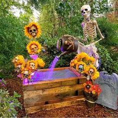 skeletons and sunflowers decorate an outdoor halloween decoration in a garden with wooden crates