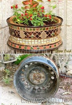 two different pictures of an old planter with flowers in it