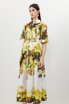 Petite Photographic Floral Organdie Midaxi Shirt Dress Chic Mini Length Shirt Dress With Floral Print, Knee-length Cotton Dress With Graphic Print, Capsule Wardrobe Dresses, Cotton Floral Print Button-up Shirt Dress, Petite Business Casual, Hen Do Outfits, Yellow Floral Print Cotton T-shirt, Yellow Floral Print Non-stretch Dress, Workwear Capsule Wardrobe