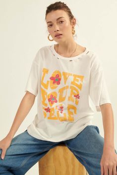 Love Yourself Distressed Oversize Graphic Tee - ShopPromesa Oversize Graphic Tee, Love Yourself Text, Babydoll Tops, Flower Graphics, Pocket Tees, Cricket Ideas, Shiva Parvati, Tshirt Printing Design, Trendy Shirt Designs