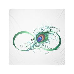 a white blanket with a green and blue peacock design on the front, featuring swirling swirls