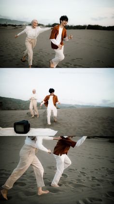 two men are dancing on the beach together