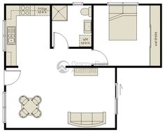 the floor plan for a two bedroom apartment with an attached kitchen and living room area