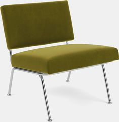 a green chair with metal legs and a seat cushion on the back, viewed from the front