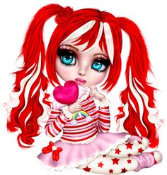 a girl with red hair and blue eyes is holding a heart shaped lollipop