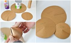 four different pictures showing how to make paper circles with glue and wood dows for the top