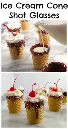 an ice cream cone shot glasses with cherries and whipped cream in them, on a table