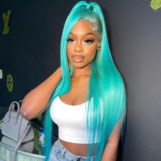 Tiffany Blue Color Straight Style Mint Green Hair, Wig Styling, Green Wig, 613 Blonde, Colored Wigs, Lace Hair, Hair Quality, Baddie Hairstyles, Real Human Hair