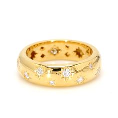 On the timeless 18K Diamond Cosmos Band, a constellation of diamond stars orbits an 18 karat gold band. Diamond Star, Gold Band, Gold Bands, Constellations, Rose Gold Ring, Cosmos, Diamond Ring, Gold Rings, Wedding Rings