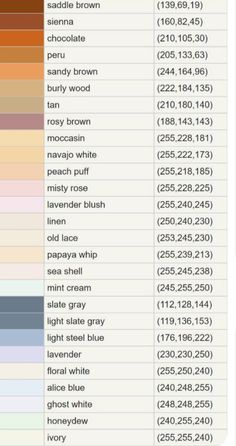 the color chart for different shades of paint