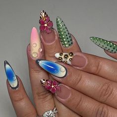 🌟 Stunning 3D Artistic Press-On Nails 🌟 💅 Transform your look with these uniquely crafted press-on nails! Designed for those who love to stand out, this artistic set combines 3D floral accents, water droplet details, vibrant polka dots, and an elegant gradient ombre effect. Each nail is meticulously hand-painted with love and precision to bring a luxurious touch to your everyday style or special occasion. 🌸✨ 🌟 Highlights: 🌸 3D Floral Magic: Adorned with lifelike flowers and intricate designs, this set captures the essence of blooming beauty. 💧 Realistic Water Droplets: A fresh, dewy look that adds dimension and sophistication. 🌈 Gradient Ombre Elegance: Soft transitions of vibrant hues make this set a true masterpiece. ✨ Polka Dot Playfulness: Fun green and white polka dot accents Nails With Polka Dots, Nails Floral, Y2k Nails, Nail Photos, Manicure At Home, Cute Nail Designs, Nail Games, Elegant Floral, Floral Designs