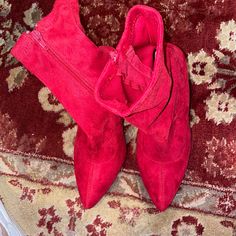 Red Suede Bootie Nwot! Casual Red High Heel Boots, Casual Red Low Heel Heels, Trendy Red Suede Boots, Red Ankle-high Boots For Spring, Red Suede Heels For Winter, Trendy Red Closed Toe Boots, Red Boots For Spring, Red Pointed Toe Boots Medium Width, Red Medium Width Ankle Boot Heels